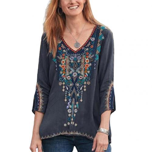Blouses Women Boho Casual V Neck Long Sleeve Flora0l Embroidery Blouse Top Loose Shirt блузка женская ropa de mujer 2022