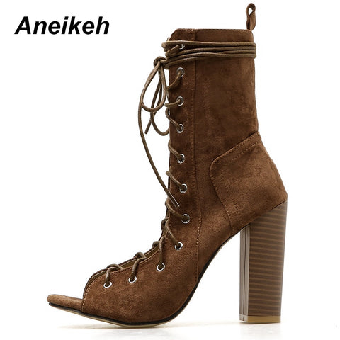 lace up block heel boots open toe