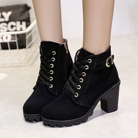 Lace up short block heel ankle boots 