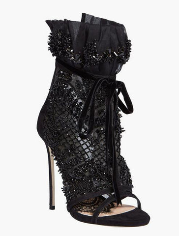 black mesh lace up heels