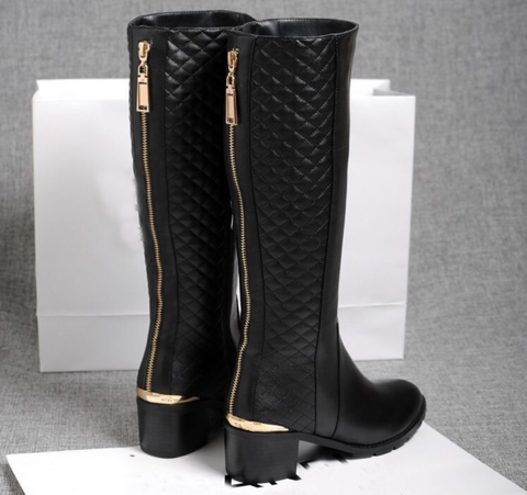 black knee high boots with gold trim