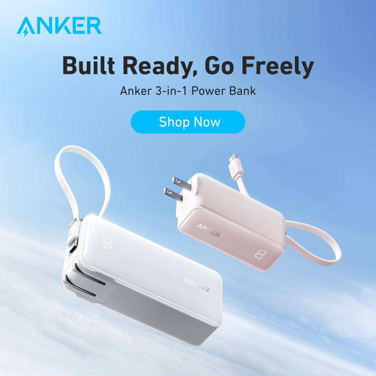 Anker Power Bank USB C Charger Block, 3-in-1 5,000mAh 10,000mAh Portable Charger with Built-in USB-C Cable and Foldable AC Plug, 30W Max Compact Battery Pack, for iPhone 15 Series, Galaxy, MacBook and More Pink-5000mAh
