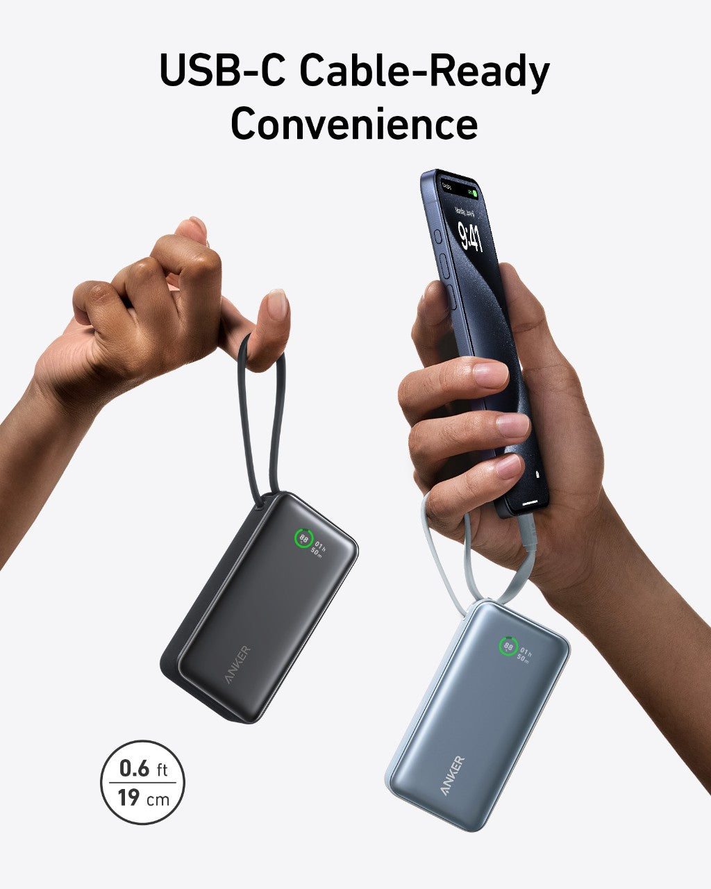 The Nano Power Bank 30W by Anker has a built-in USB-C cable