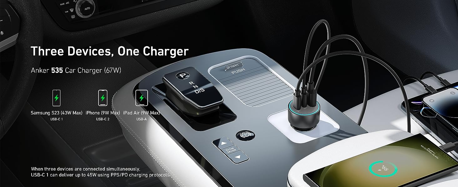 Anker 535 car charger head, 67 watts, with two Type-C ports and a
