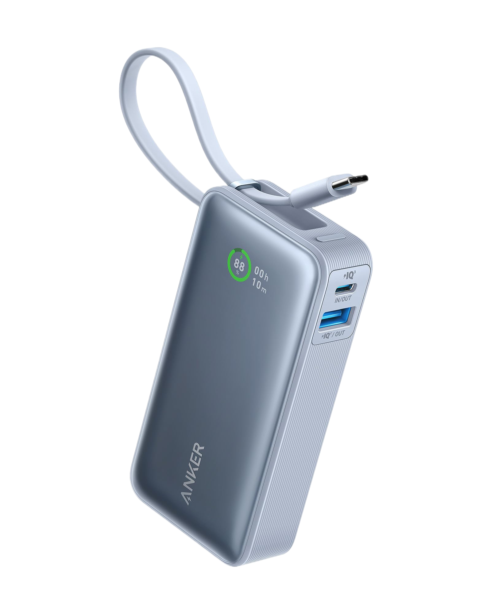 The Nano Power Bank 30W by Anker has a built-in USB-C cable