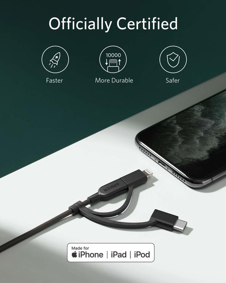 1 m (3 ft.) USB Multi Charging Cable - USB to Micro-USB or USB-C or  Lightning for iPhone / iPad / iPod / Android - Apple MFi Certified - 3 in 1  USB