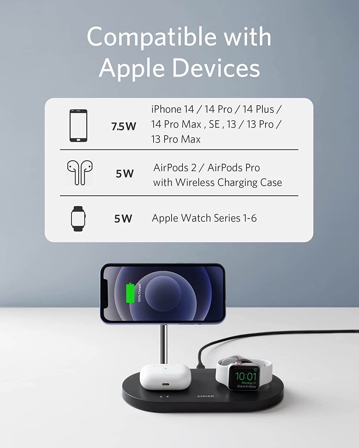 Anker Wireless Charger, PowerWave Magnetic 2-in-1 Stand with 4 ft USB-C  Cable, Wireless Charging Station Only for iPhone 14/14 Pro/14 Pro Max/13/13