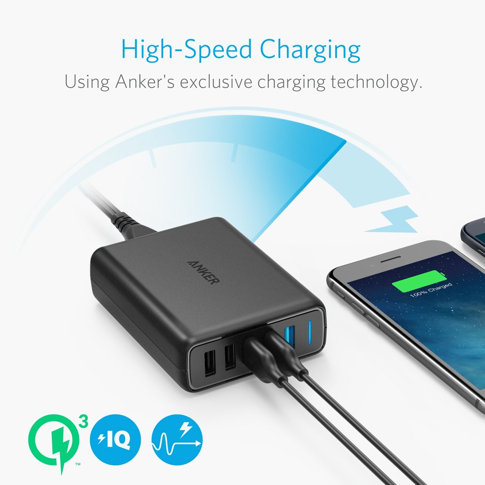  Anker Quick Charge 3.0 63W 5-Port USB Wall Charger, PowerPort  Speed 5 for Galaxy S10/S9/S8/S7/S6/Edge/+, Note 8/7 and PowerIQ for iPhone  XS/Max/XR/X/8/7/6s/Plus, iPad, LG, Nexus, HTC and More : Cell Phones