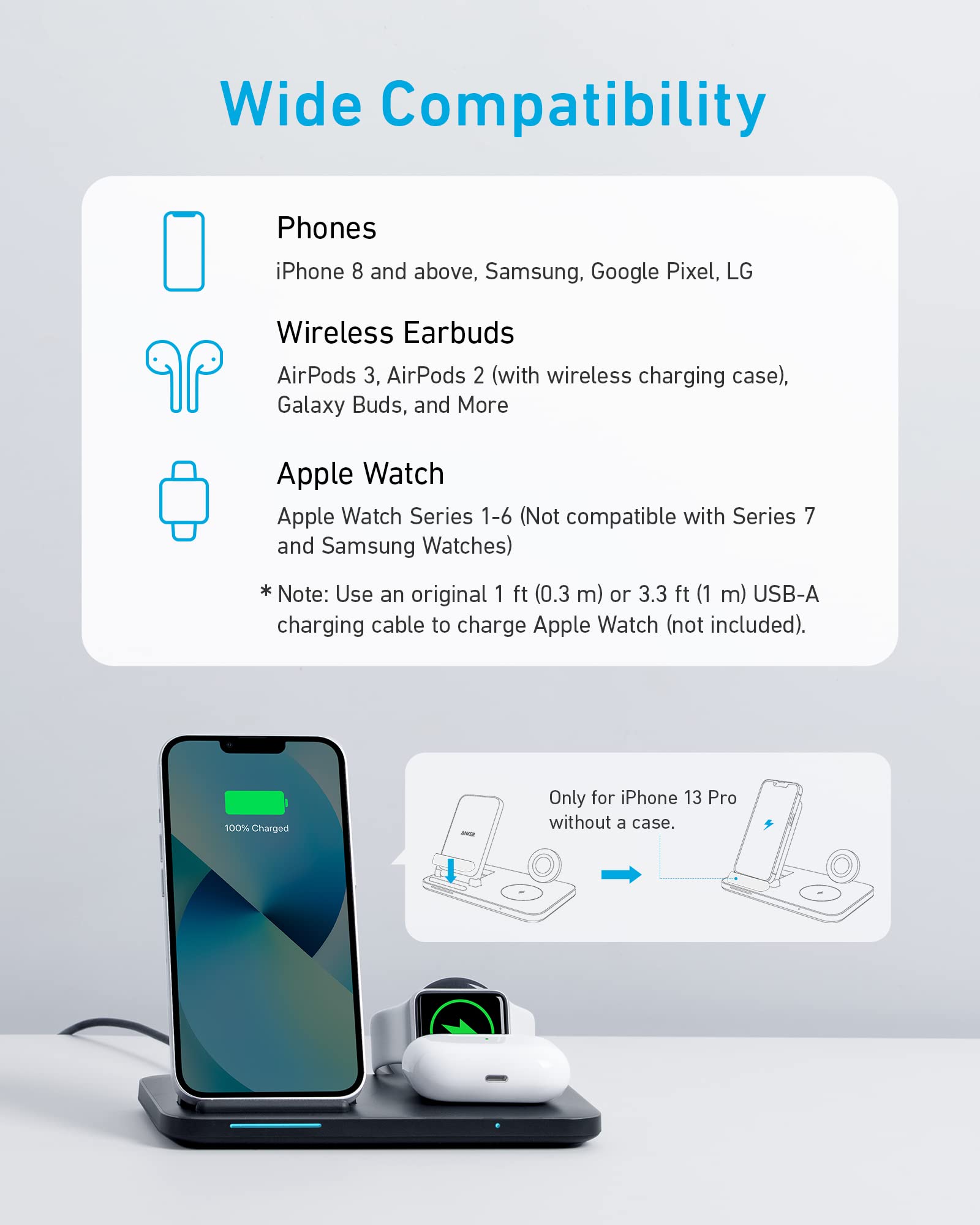 Anker Foldable 3-in-1 Wireless Charging Station with Adapter, 335 Wireless Charger, Works with iPhone 13/13 Pro Max, AirPods Pro, Apple Watch Series