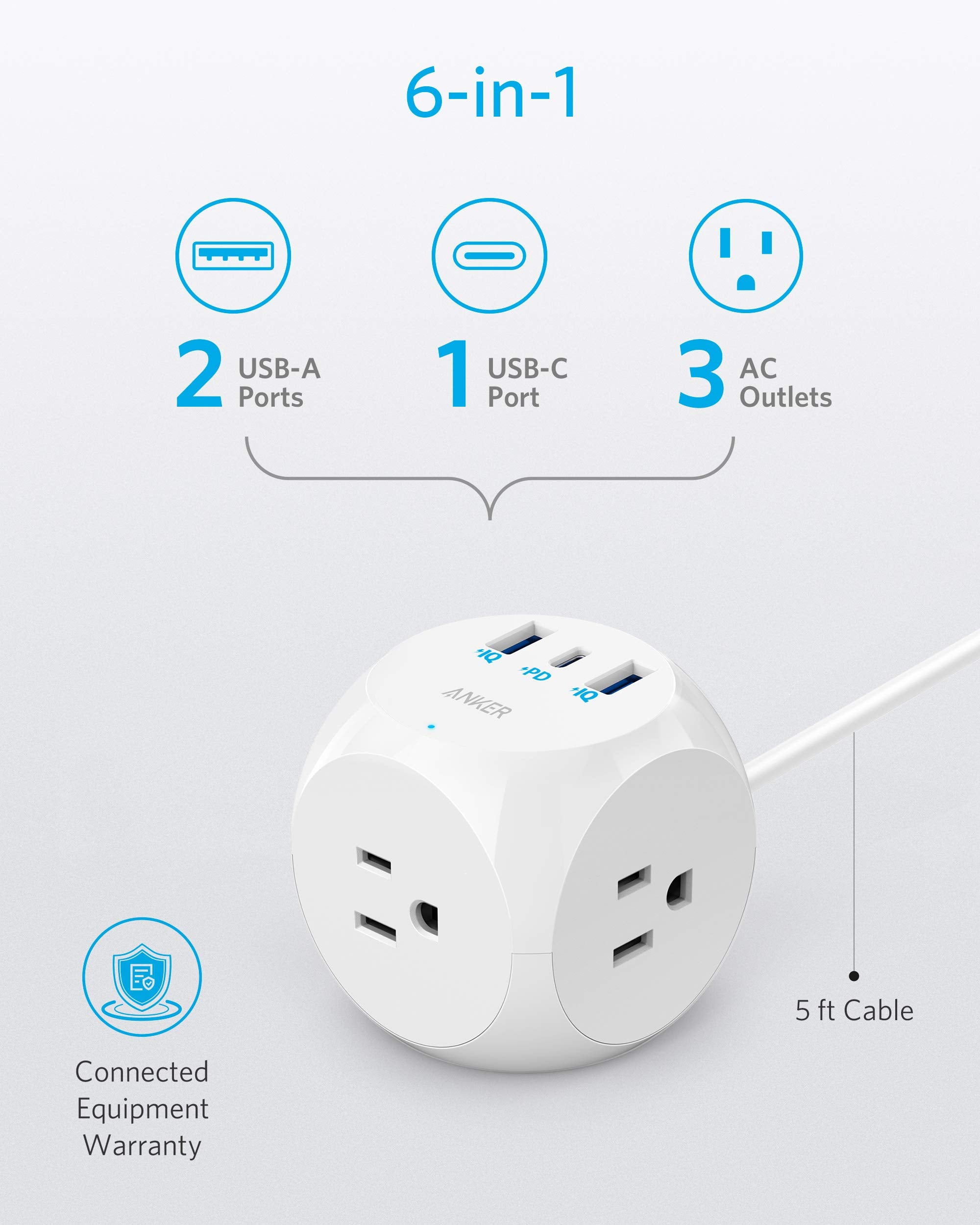 Anker Power Strip, PowerPort Cube USB with 3 Outlets and 3 USB Ports, 5 ft  Extension Cord, White 