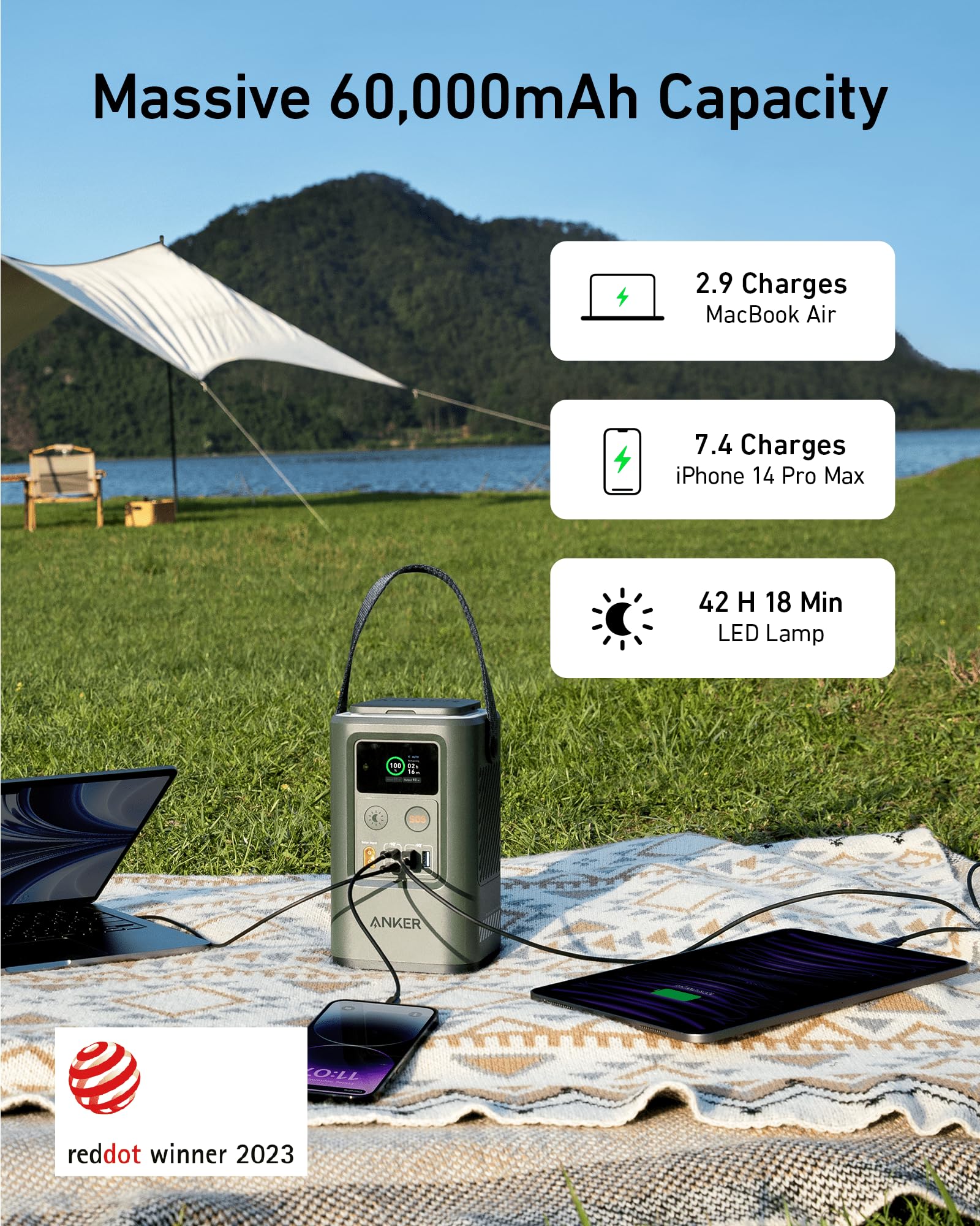 Anker 60,000mAh 548 Power Bank (PowerCore Reserve 192Wh), LiFePO4 Portable  Charger with Smart Digital Display, Retractable Auto Lighting and SOS Mode,  60W for Outdoor Camping and Emergency 