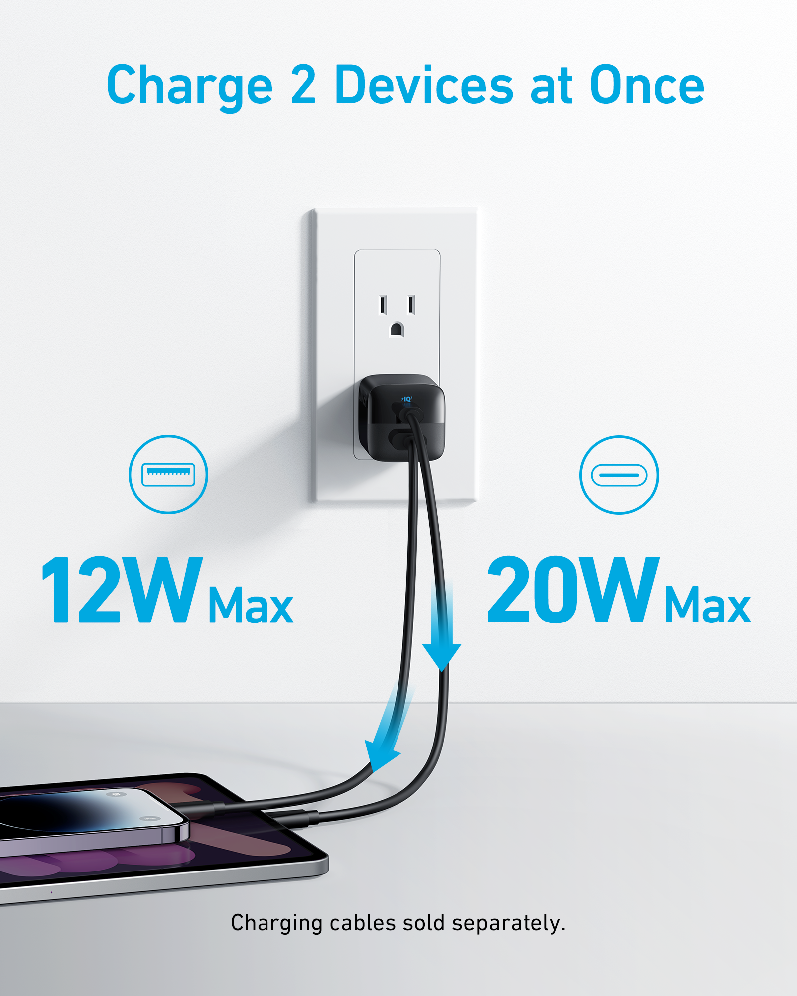 Anker 323 Dual USB USB-C Chargeur Rapide Noir 