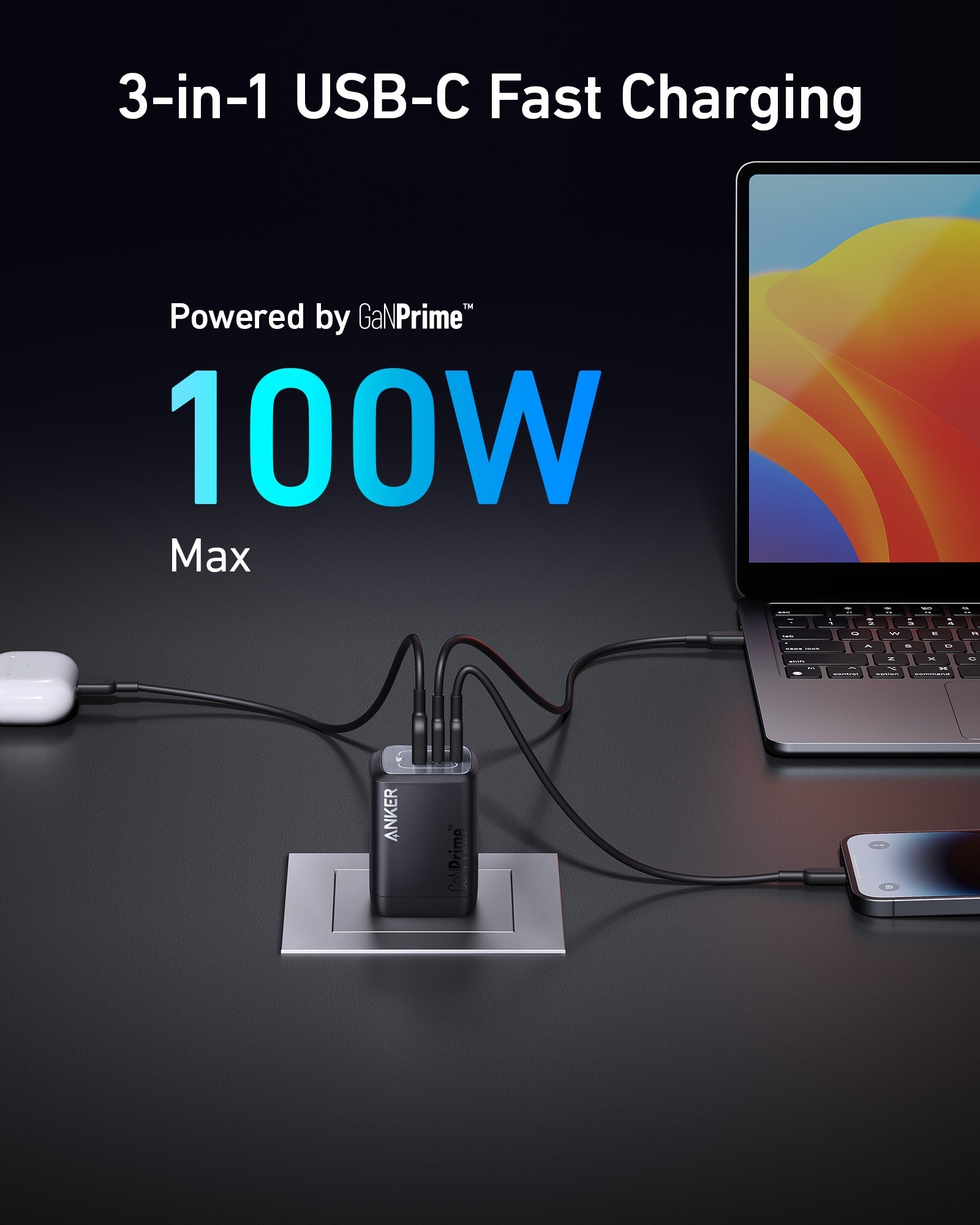 100W USB C Charger, Anker Prime Gan Wall Charger, 3-Port Compact Fast Charger