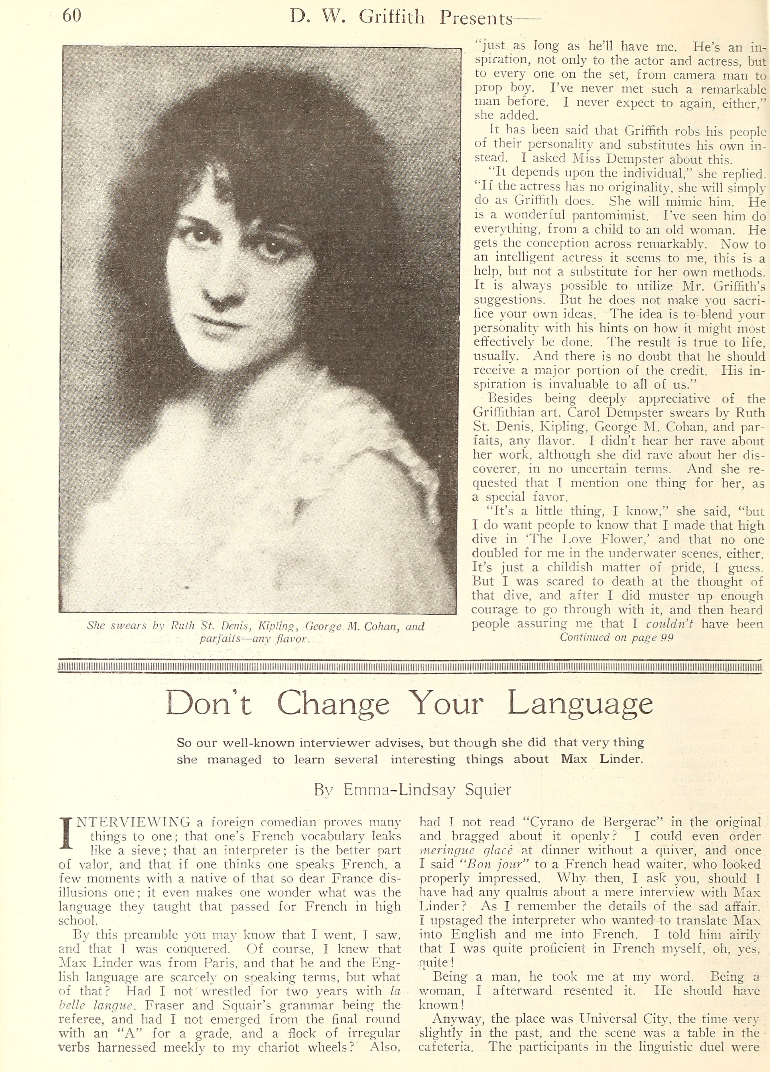 Carol Dempster — D. W. Griffith Presents | Max Linder — Don’t Change Your Language | 1921 | www.vintoz.com