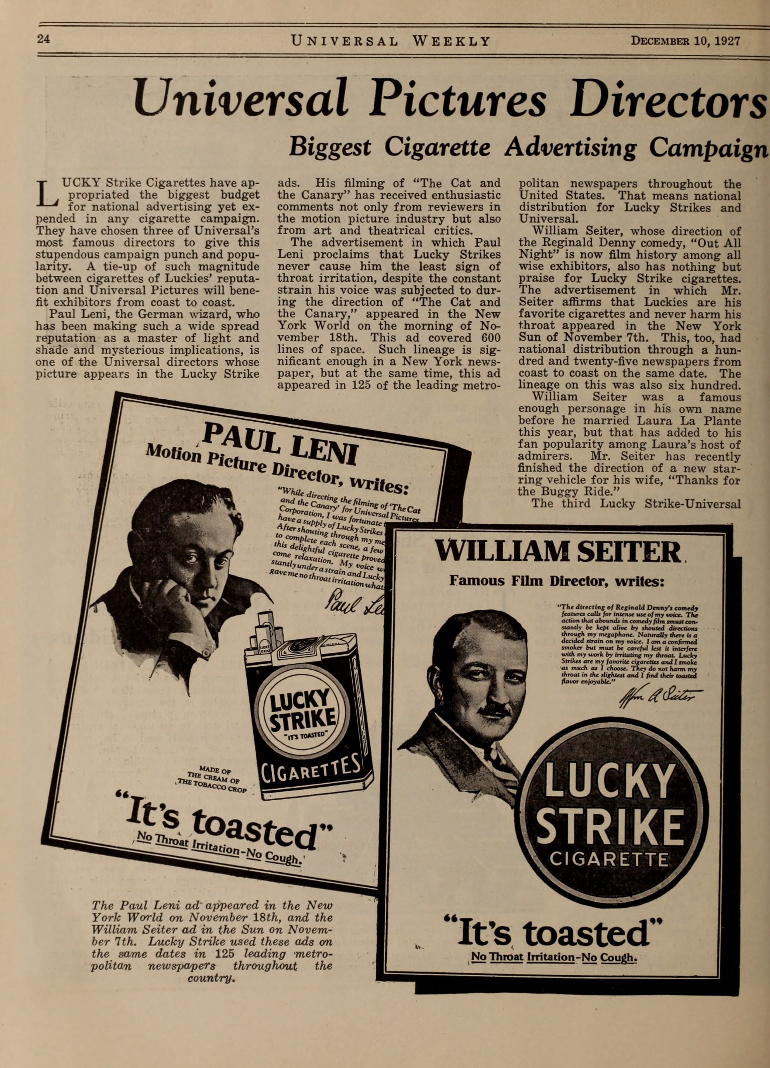 Lucky Strike Advertisements featuring Movie Directors Paul Leni, William Seiter and Harry Pollard | www.vintoz.com