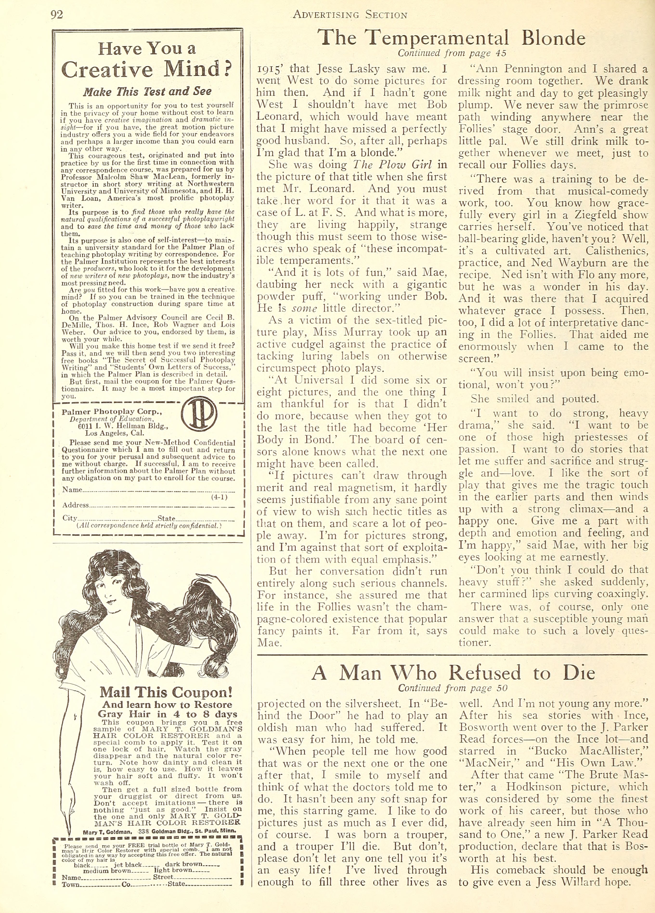 Mae Murray — The Temperamental Blonde | Hobart Bosworth — A Man Who Refused to Die | 1921 | www.vintoz.com
