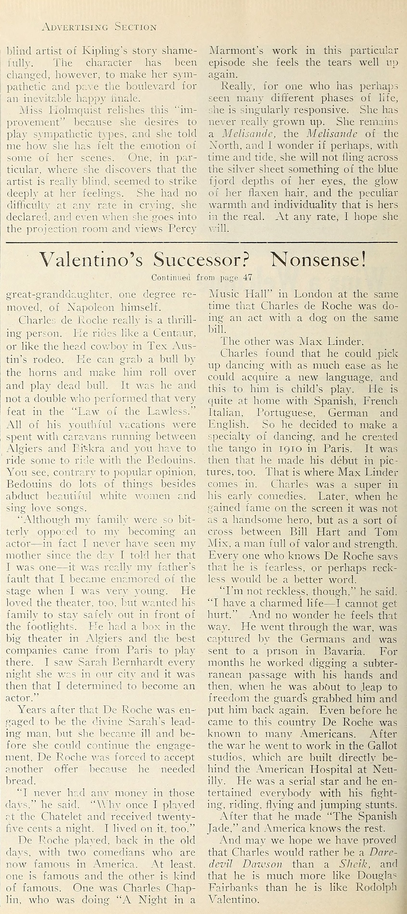 Charles de Roche — Valentino’s Successor? Nonsense! | Sigrid  Holmquist — Melisande  of  the  North | 1923 | www.vintoz.com