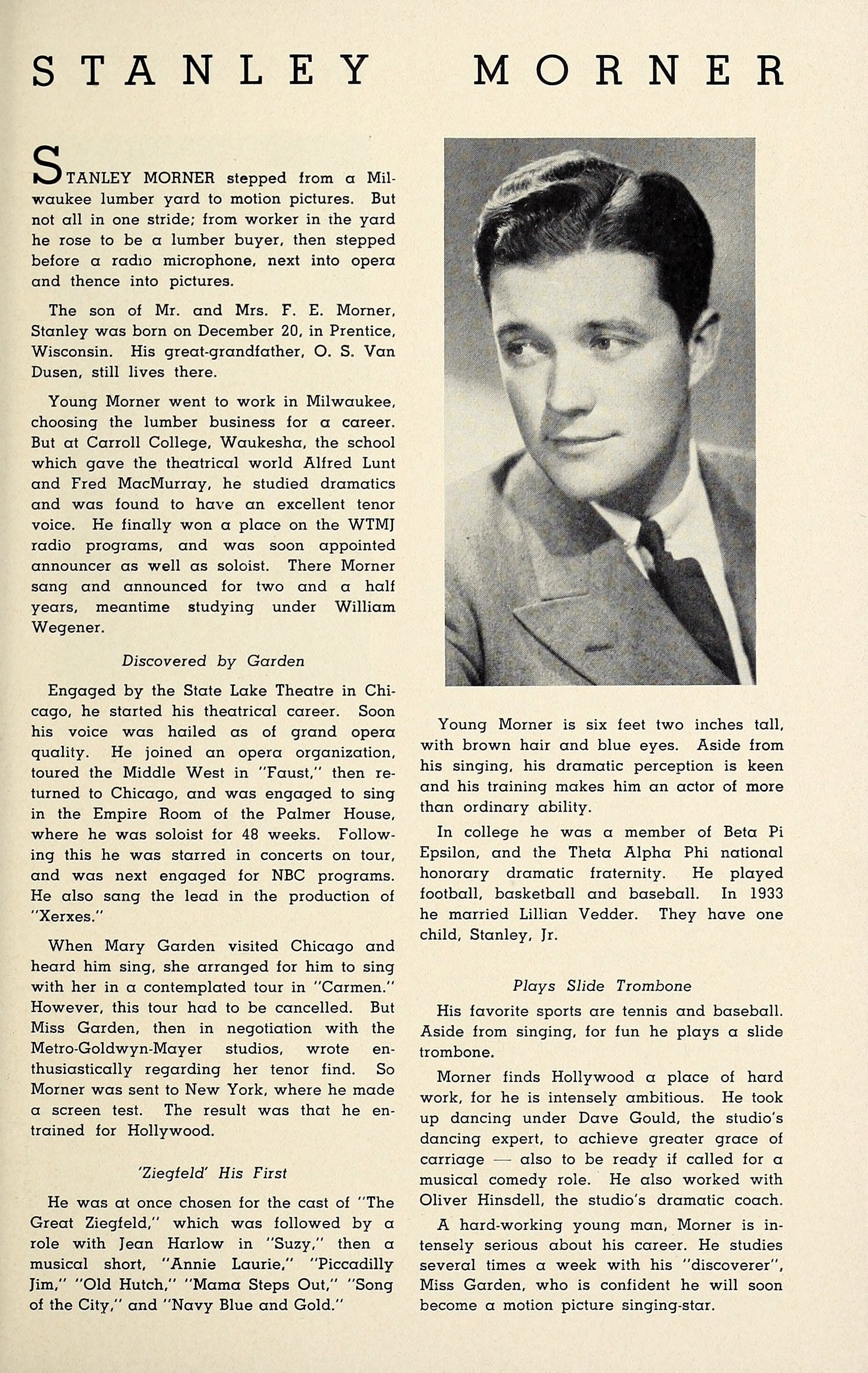 Stanley Morner [Dennis Morgan] (Who’s Who at MGM, 1937) | www.vintoz.com