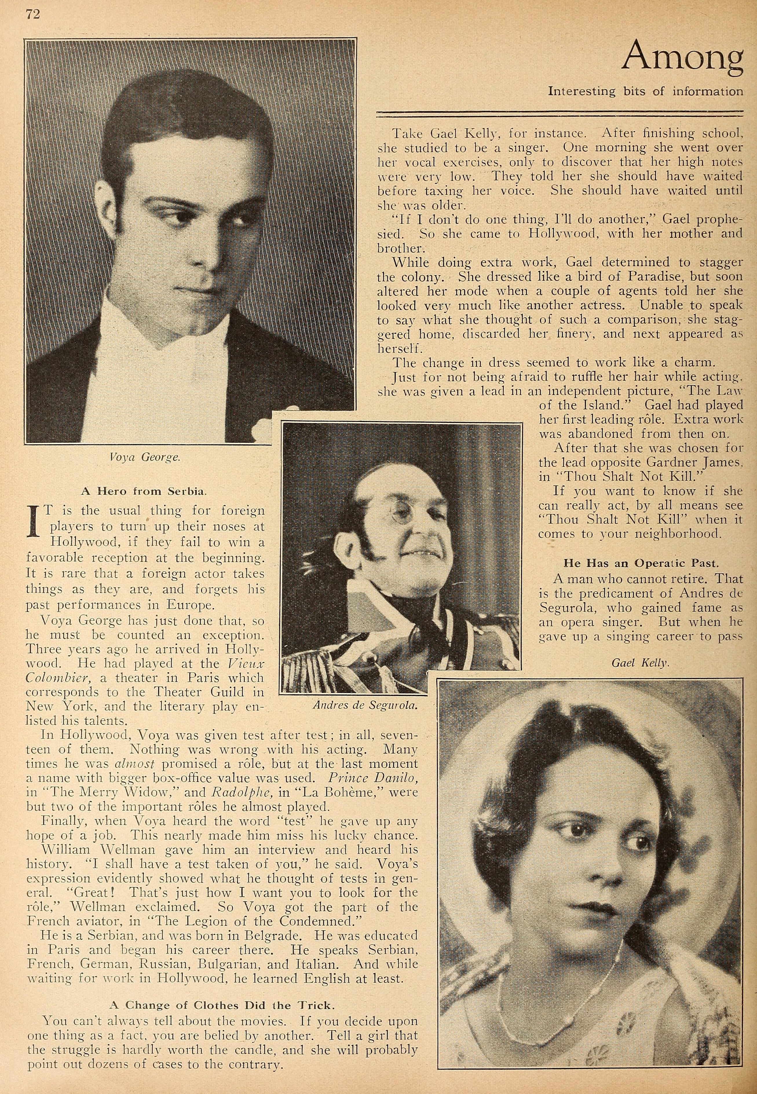 Voya George — A Hero from Serbia | Gael Kelly — A Change of Clothes Did the Trick | Andrés de Segurola — He Has an Operatic Past | 1928 | www.vintoz.com
