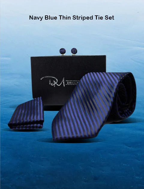 Navy Blue Thin Striped Tie Set