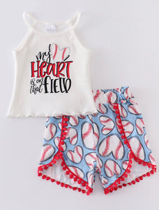Girls Baseball Pom Pom Shorts Outfit Set