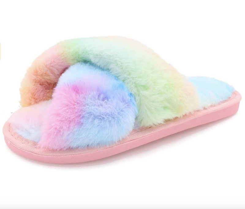fuzzy rainbow slippers