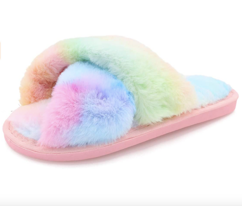 fluffy slippers rainbow