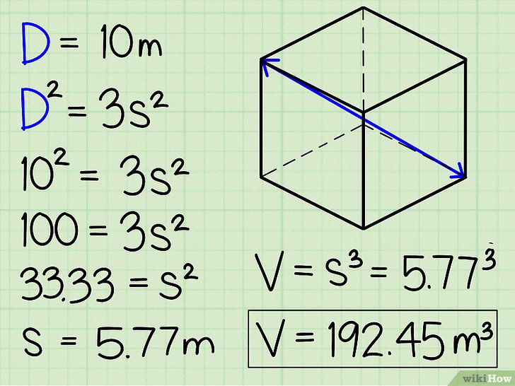 Bước 2: Bình phương đường chéo kẻ từ hai điểm đối nhau trên hình lập phương, sau đó chia cho 3 và tính căn bậc hai của giá trị tìm được để tìm độ dài cạnh hình lập phương.
