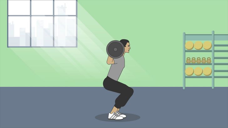Bước 6: Cách thực hiện động tác squat với tạ đòn, một bài tập rất tốt cho cơ bụng, cơ chân và cơ mông.