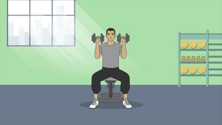 Bước 2: Cách thực hiện bài tập ngồi đẩy tạ qua đầu, một bài tập rất tốt cho cơ vai, cơ triceps và cơ ngực.