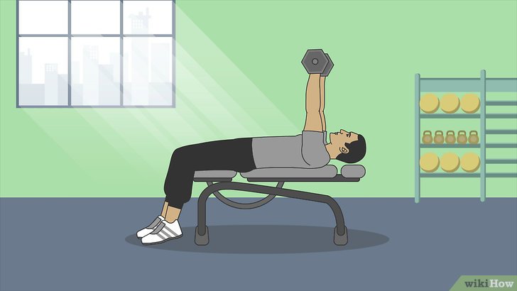 Bước 1: Nằm ghế đẩy tạ đơn là một bài tập tốt cho cơ ngực, vai và tay.