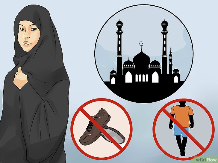 Bước 1: Để tôn trọng văn hóa và tín ngưỡng của người Hồi giáo, bạn cần chú ý đến cách ăn mặc khi vào nhà thờ Hồi giáo.