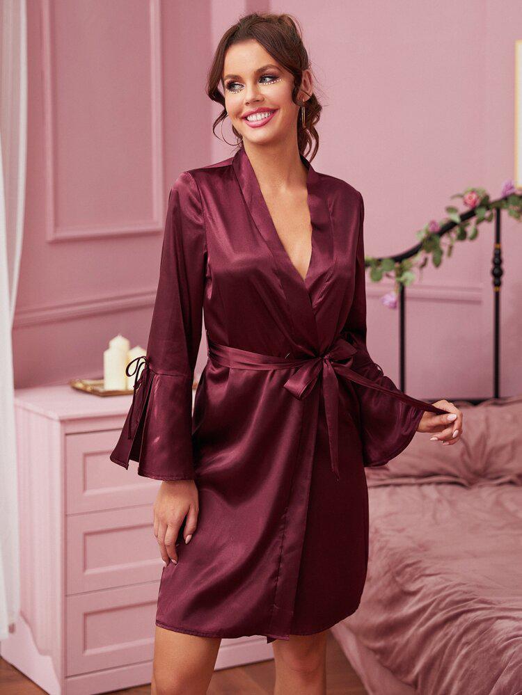 Fuzzy Trim Belted Satin Robe