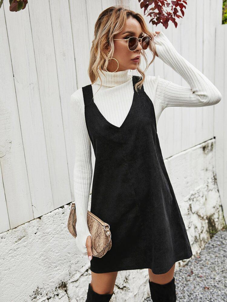 Solid Pinafore Dress Without Sweater freeshipping - Kendiee