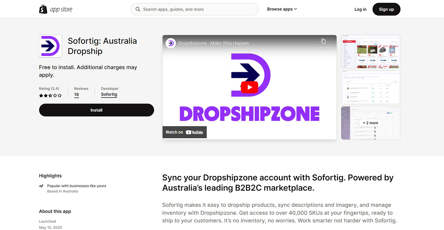 An image which shows the Shopify landing page for the Dropshipzone in-house app Sofortig. The webpage shows an "Install" button as well as an introduction video from Dropshipzone.