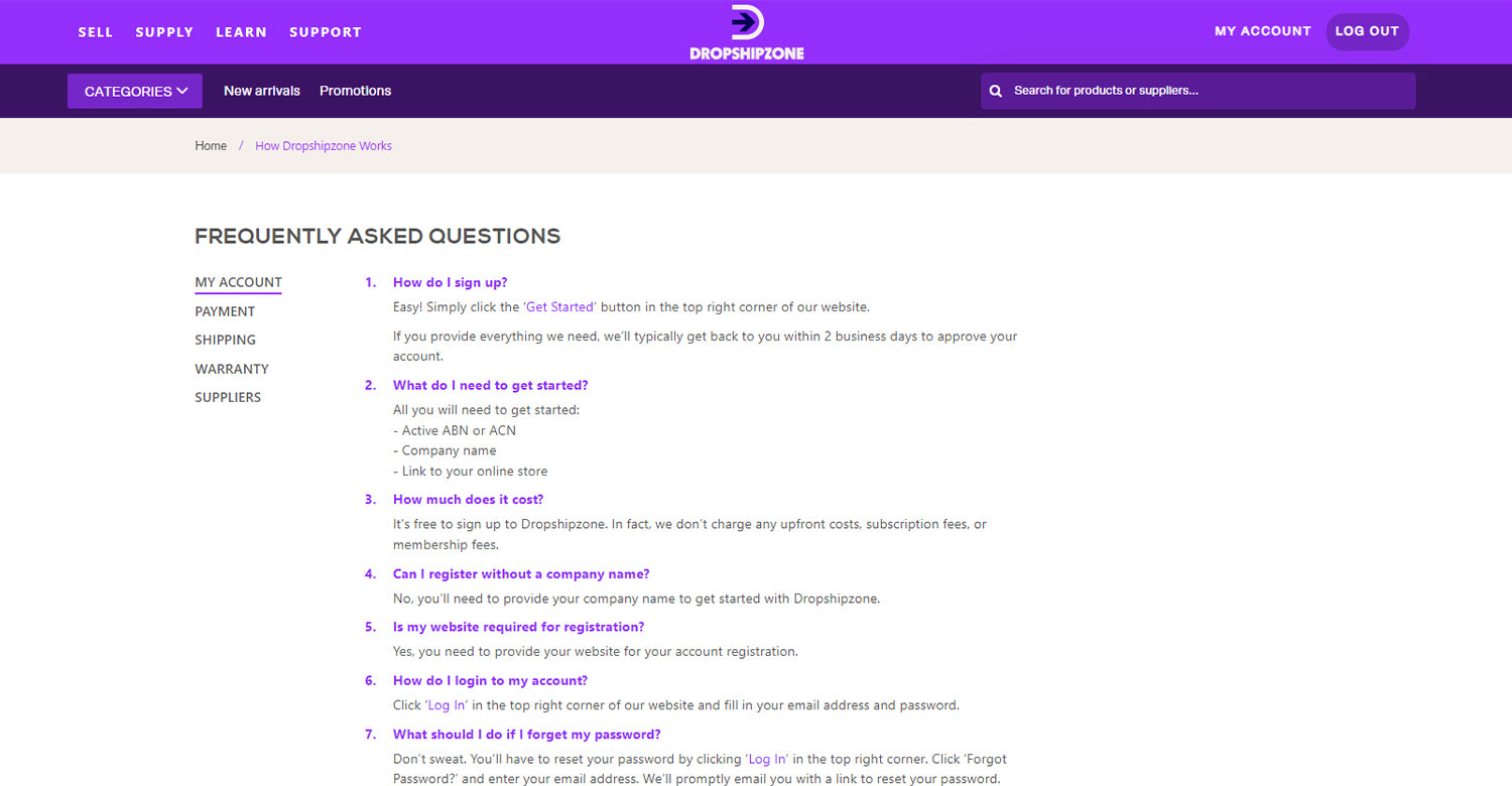 A screenshot of the FAQs from Dropshipzone. The headers for each of the FAQs sections are displayed on the right hand side and on the left hand side the FAQs go into further detail.
