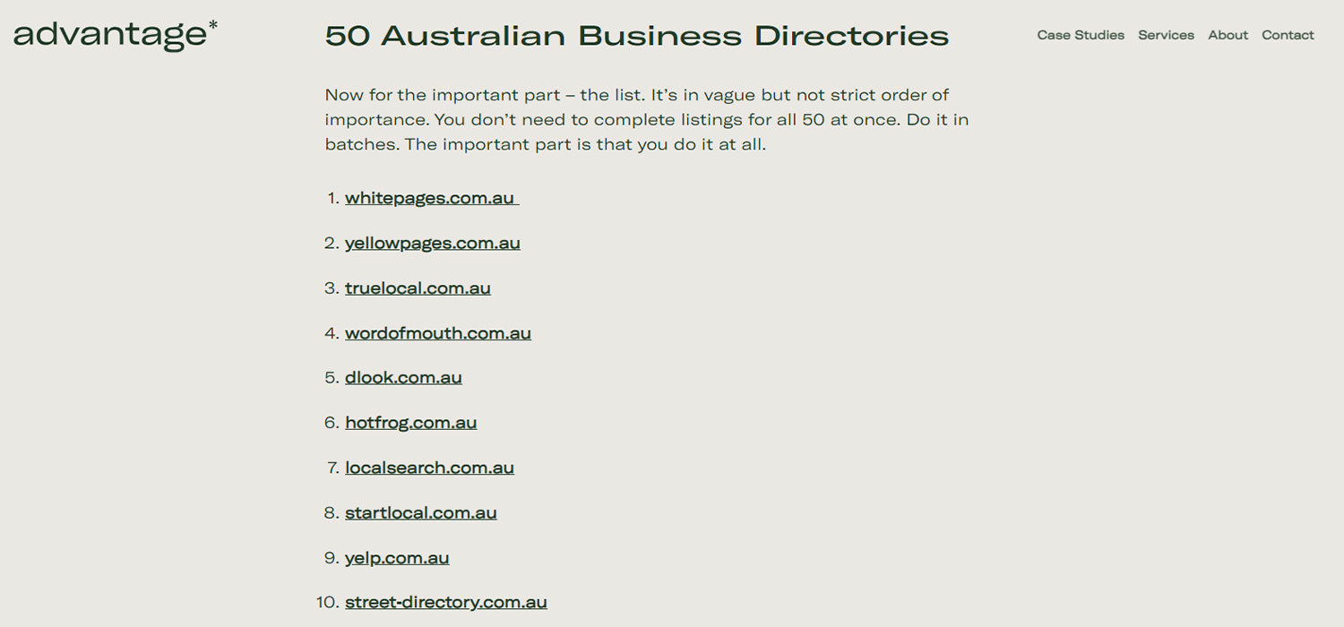 A screenshot of Advantage's 50 Australian Business Directories list which includes the White Pages and Yelp.