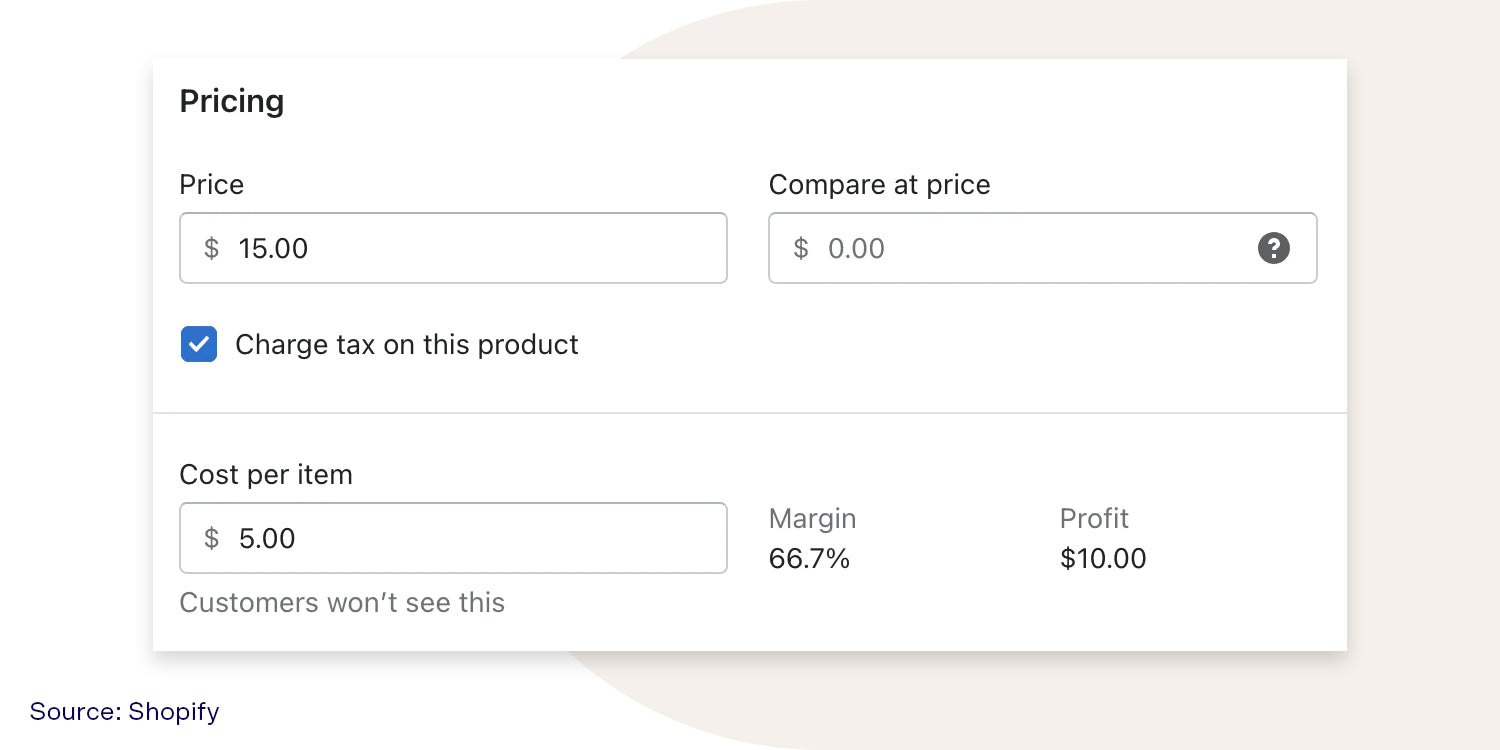 When you set the price of your products, Shopify can help you track the profit margins.