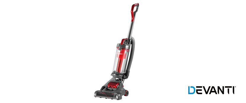 A Devanti Bagless Upright Vacuum Cleaner in red.