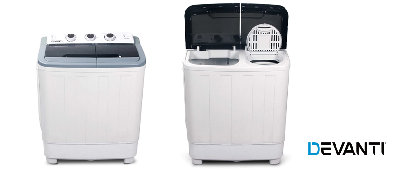A Devanti 5kg Portable Washing Machine, white, twin tub.