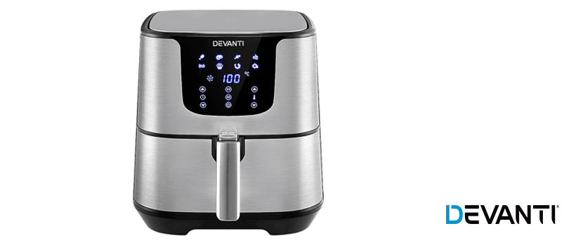 A Devanti Silver 7L Air Fryer with LCD touch controls.