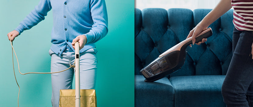 A comparison between a corded vacuum and a cordless handheld vacuum.