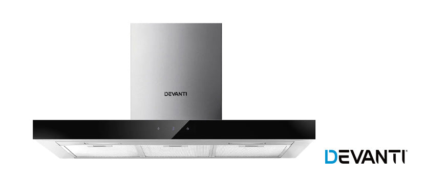 A Devanti 90cm Stainless Steel and Black Glass Canopy Rangehood 