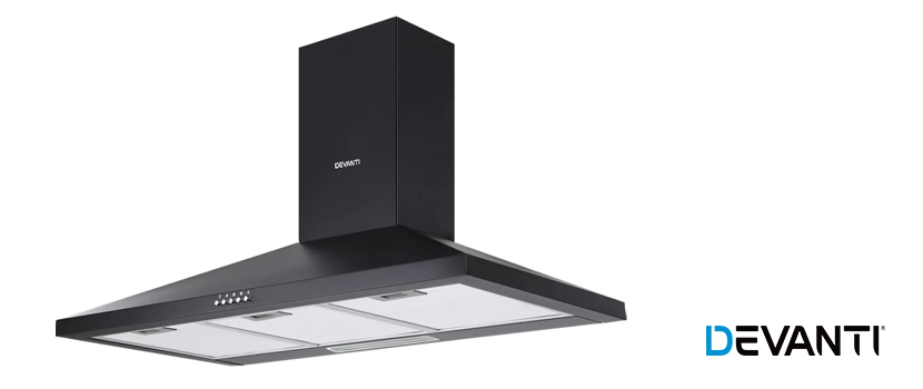 A Devanti 90cm Black Wall Mounted Rangehood.