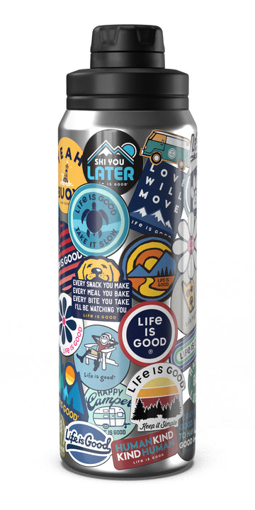 Life Is Good Stainless Steel Water Bottle 32 Oz Wide Mouth Stickers Flowers  New