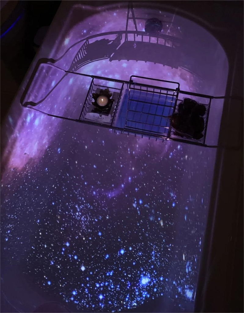 The bathroom turns into a galaxy under the effect of Galaxy Projector