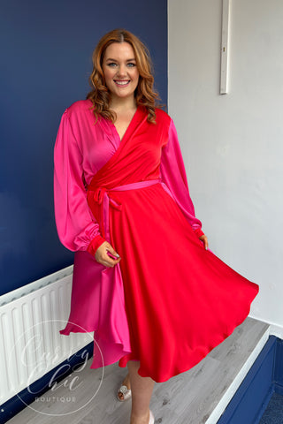 Pink + Red Long Sleeve Plus Size Satin Style Duo Colour Midi Wrap Dress