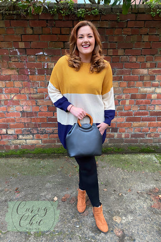 Mustard Navy Block jumper dress and wooden handle bag