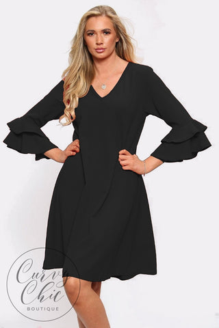 V-neck Plus Size Fluted Sleeve Midi Dress in Black or Red - Curvy Chic Boutique