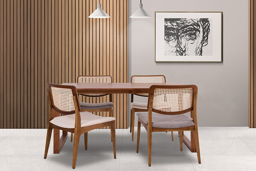 cadeiras para cozinha turim natural e tecido bege em sala de jantar com mesa 6 lugares prisma e cadeiras turim com tecido cinza
